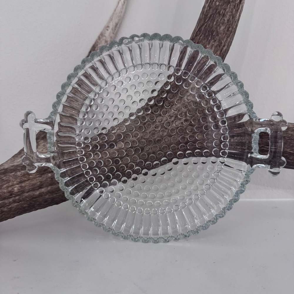 Jeanette Glass Hobnail  Serving Tray Ribbed Scalloped Edge Tab Handles 9.5in